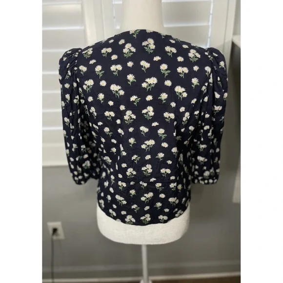 H&M Navy Yellow Daisy Floral Tie Front Blouce Puff Sleeves Top Woman's Size S - Picture 6 of 16